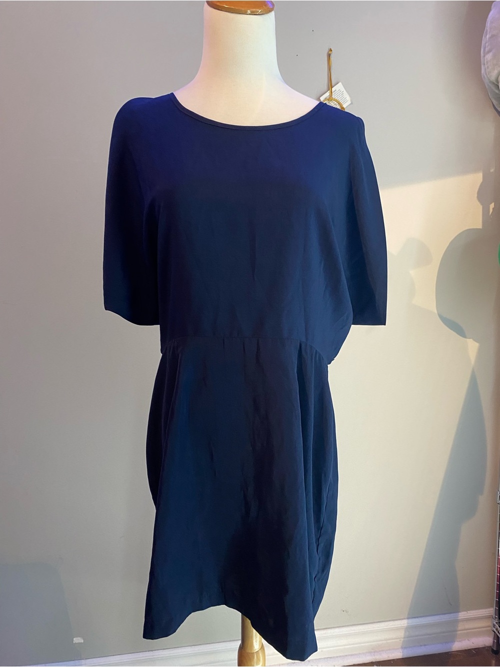 Classic Navy Elbow Length Sleeve Shift Dress With Open Slit Back